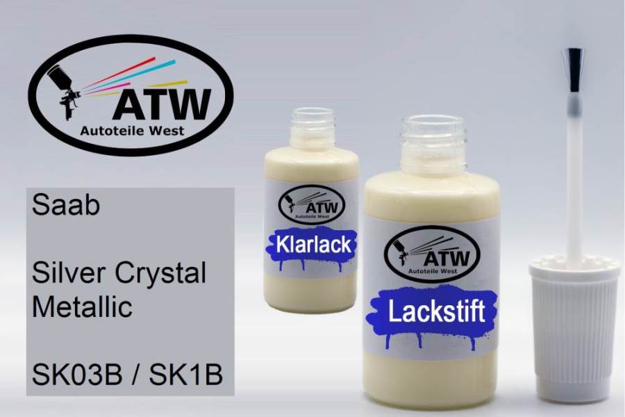 Saab, Silver Crystal Metallic, SK03B / SK1B: 20ml Lackstift + 20ml Klarlack - Set, von ATW Autoteile West.